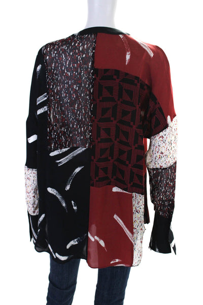 Joie Womens Silk Long Sleeve Abstract Print Button Down Blouse Black Red Size M