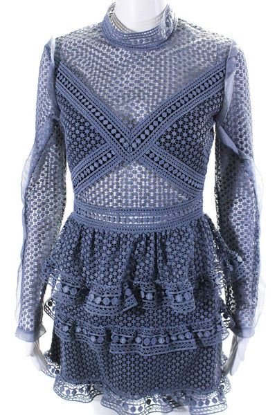 Self Portrait Womens Knit Overlay Mock Neck Ruffled Hem Dress Light Blue Size 4
