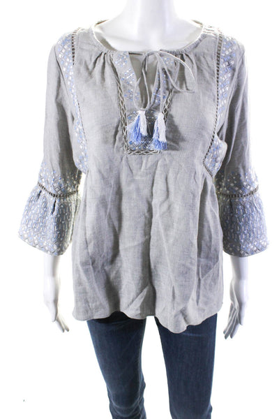 Rungolee Womens Woven Geometric Embroidered V-Neck Blouse Top Gray Size S