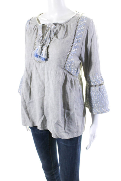 Rungolee Womens Woven Geometric Embroidered V-Neck Blouse Top Gray Size S