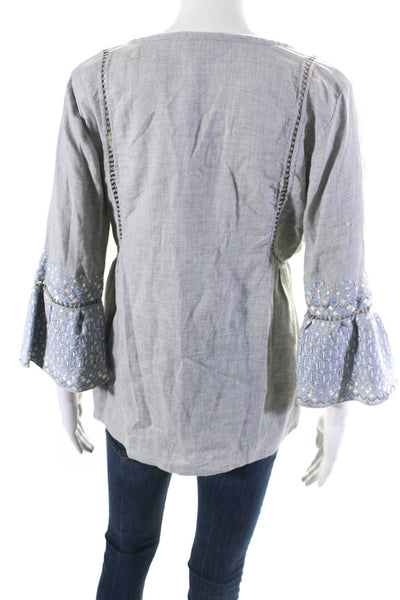 Rungolee Womens Woven Geometric Embroidered V-Neck Blouse Top Gray Size S