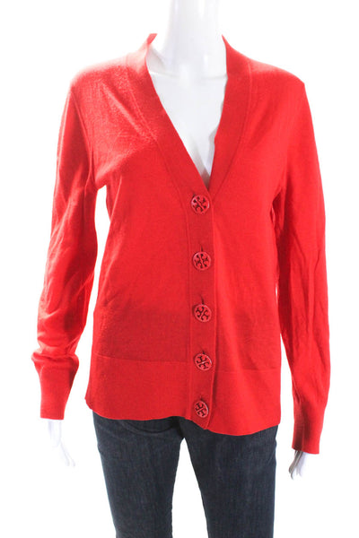 Tory Burch Womens Logo Button Front V Neck Cardigan Sweater Red Wool Size Large