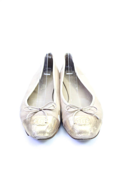 Chanel Womens Leather Metallic CC Cap Toe Slip On Ballet Flats Beige Size 9.5