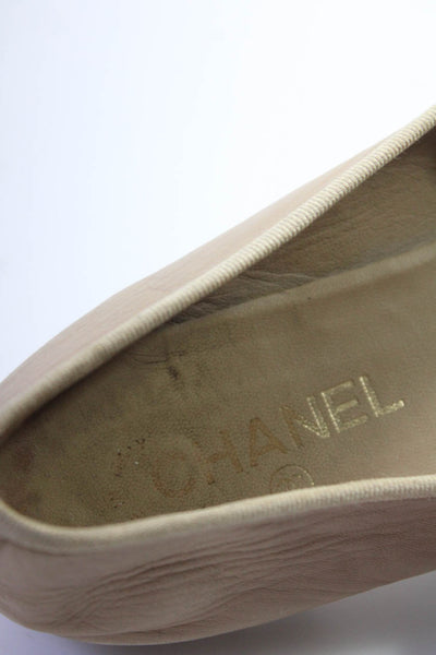 Chanel Womens Leather Metallic CC Cap Toe Slip On Ballet Flats Beige Size 9.5