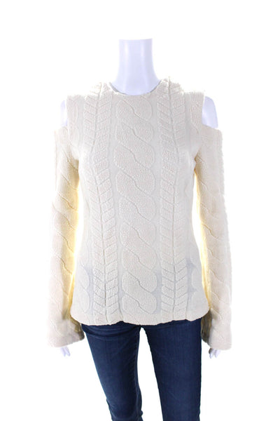 Yigal Azrouel Womens Wool Fleece Long Sleeve Cold Shoulder Knit Top Cream Size 8