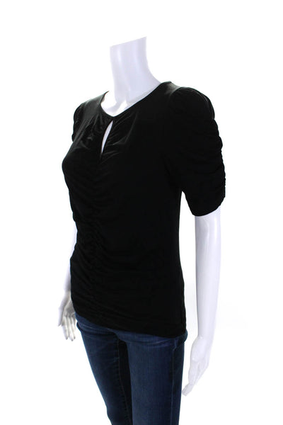 Frame Womens Jersey Knit Ruched Keyhole Front Half Sleeve Blouse Black Size S