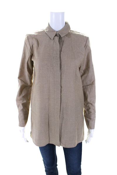 Theory Womens Wool Hidden Placket Long Sleeve Button Down Shirt Top Brown Size P