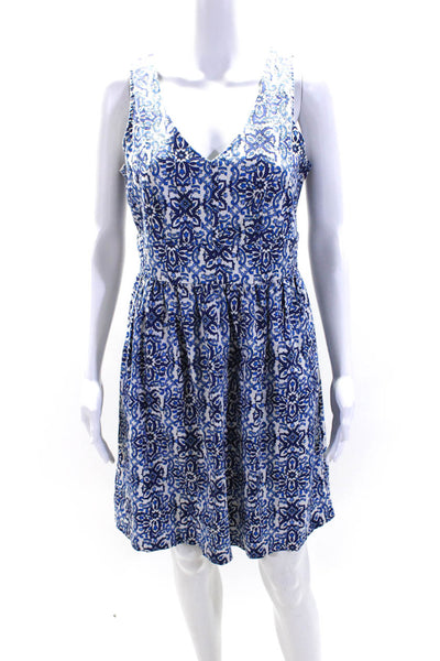 Milly Women's V-Neck Sleeveless Fit Flare Mini Dress Blue Floral Size 8