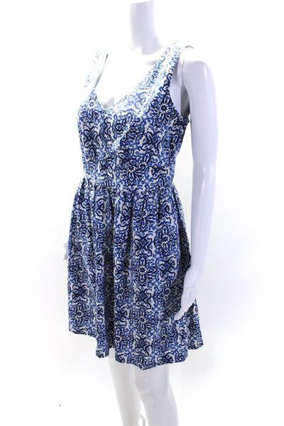 Milly Women's V-Neck Sleeveless Fit Flare Mini Dress Blue Floral Size 8