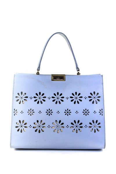 Kate Spade Womens Laser Cut Floral Leather Top Handle Tote Handbag Light Blue