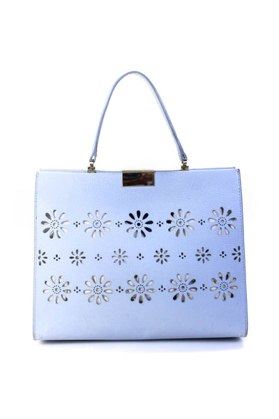 Kate Spade Womens Laser Cut Floral Leather Top Handle Tote Handbag Light Blue