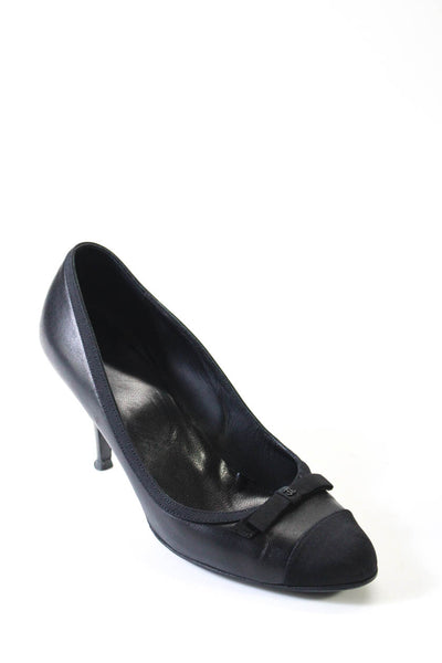Chanel Womens Leather Twill Cap Toe Slip On Pumps High Heels Black Size 38 8