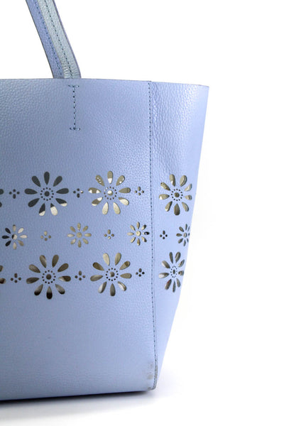 Kate Spade Womens Large Laser Cut Floral Leather Tote Handbag Light Blue