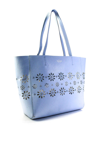 Kate Spade Womens Large Laser Cut Floral Leather Tote Handbag Light Blue