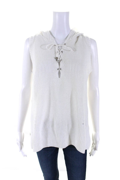 525 America Women's Hood Sleeveless Lace Up Pullover Sweater White Size S