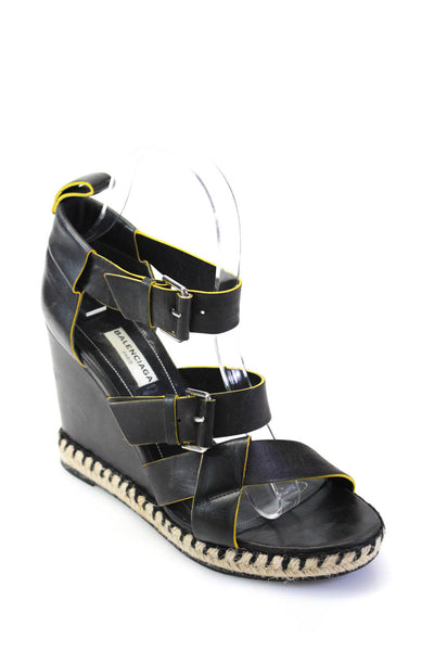 Balenciaga Paris Womens Crossed Strapped Buckled Wedge Heels Black Size EUR38