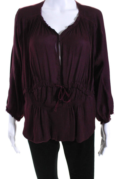 Isabel Marant Women's 3/4 Sleeves Cinch Round Neck Blouse Burgundy Size 1