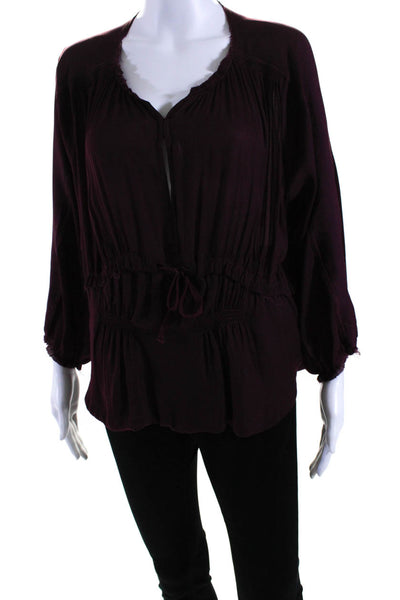 Isabel Marant Women's 3/4 Sleeves Cinch Round Neck Blouse Burgundy Size 1