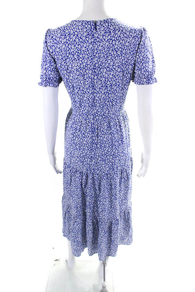J Crew Womens Floral Print Short Sleeve Long Ruffled Tiered Dress Blue Size M