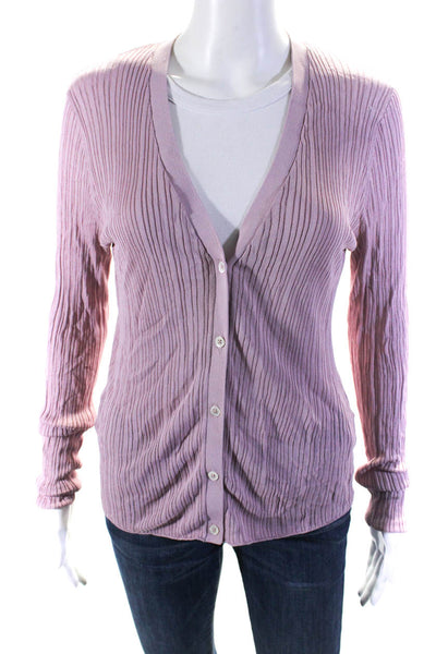 Theory Womens Long Sleeve V Neck Button Down Ribbed Top Pink Size L