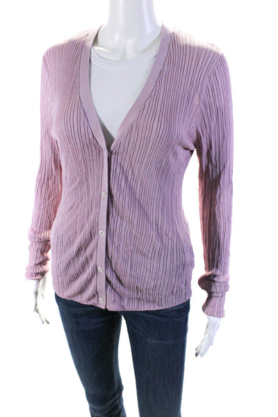 Theory Womens Long Sleeve V Neck Button Down Ribbed Top Pink Size L