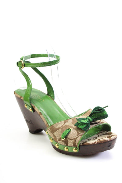 Coach Womens Monogram Canvas Patent Leather Slingback Wedges Green Brown Size 8