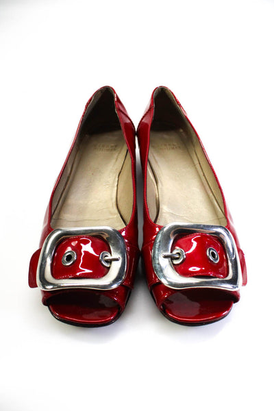 Stuart Weitzman Womens Peep Toe Buckle Ballet Flats Red Patent Leather Size 7.5