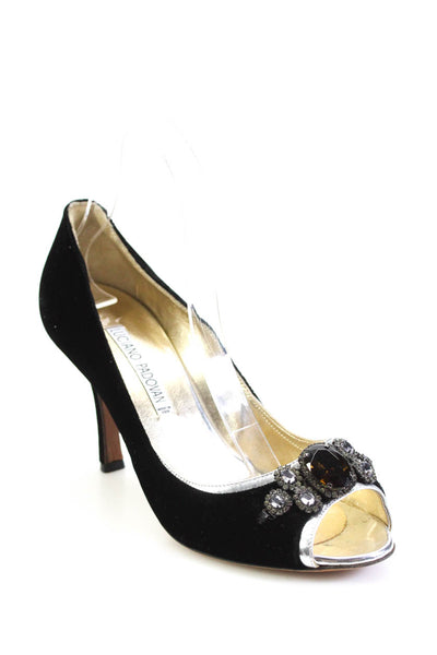 Luciano Barbera Womens Embellished Velvet Peep Toe Slip On Pumps Black Size 38 8