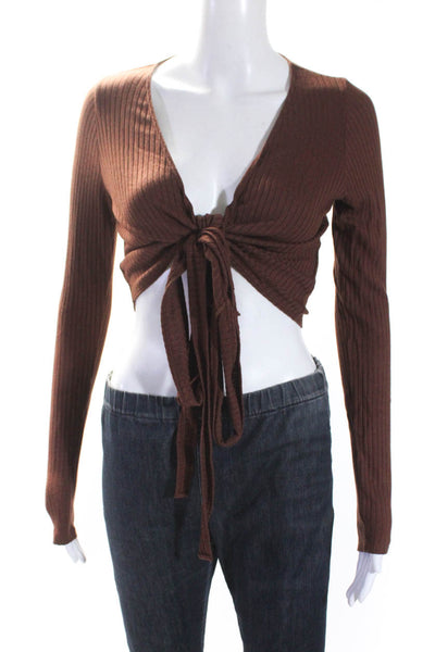 Reformation Womens V Neck Long Sleeve Rib Knit  Wrap Top Brown Size Small