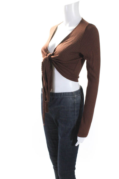 Reformation Womens V Neck Long Sleeve Rib Knit  Wrap Top Brown Size Small