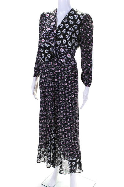 Rixo Womens Silk Floral Ruffled Zipped Long Sleeve Patchwork Dress Black Size M