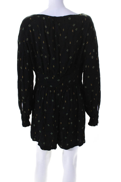 Free People Womens Floral Print Buttoned V-Neck Long Sleeve Romper Black Size M