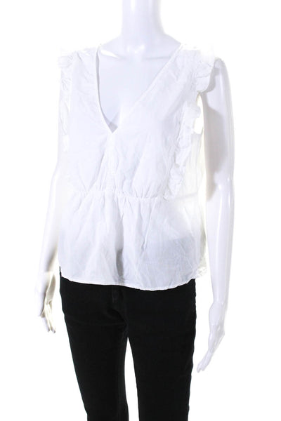 Xirena Womens Cotton Ruched V-Neck Sleeveless Ruffled Blouse Top White Size M