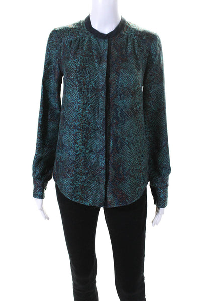 Rebecca Taylor Womens Silk Animal Print Long Sleeve Buttoned Blouse Green Size 2
