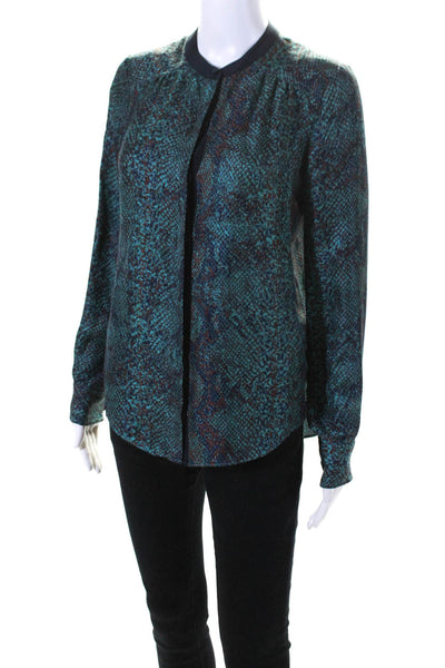Rebecca Taylor Womens Silk Animal Print Long Sleeve Buttoned Blouse Green Size 2