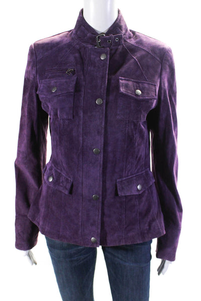 Danier Womens Leather Suede Full Zip Round Neck Lined Jacket Purple Size S