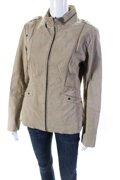 Danier Womens Leather Full Zip Lined Round Neck Jacket Beige Size S