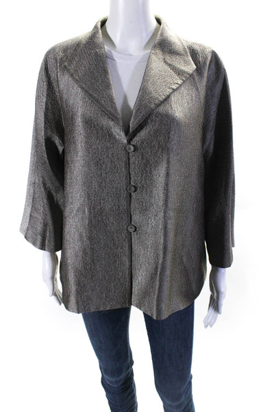 Eileen Fisher Womens Silk V-Neck Collared Button Up Blouse Top Gray Size L