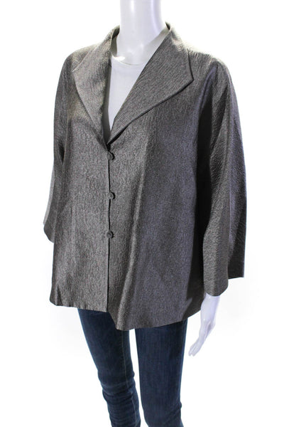 Eileen Fisher Womens Silk V-Neck Collared Button Up Blouse Top Gray Size L