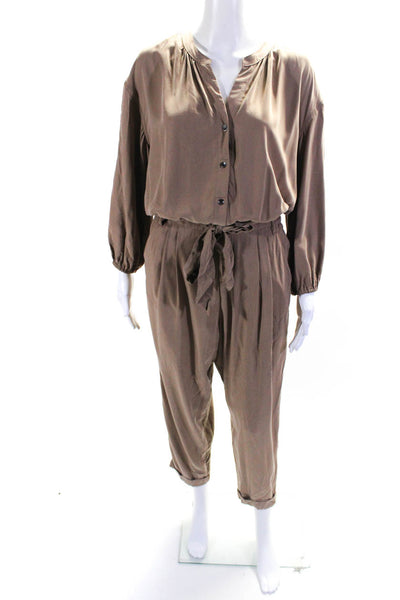 Splendid Womens Long Sleeve V Neck Belted Jumpsuit Brown Size S