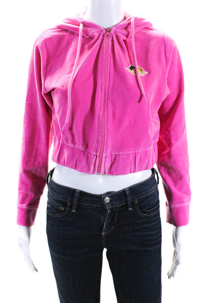 Fiorucci Womens Cotton Velvet Graphic Print Zipped Cropped Hoodie Pink Size L