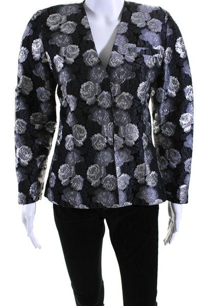 Krizia Womens Long Sleeves Lined Three Button Floral Metallic Jacket Black Size