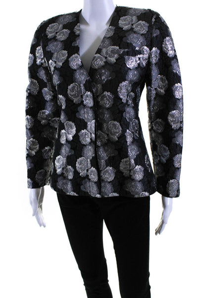 Krizia Womens Long Sleeves Lined Three Button Floral Metallic Jacket Black Size