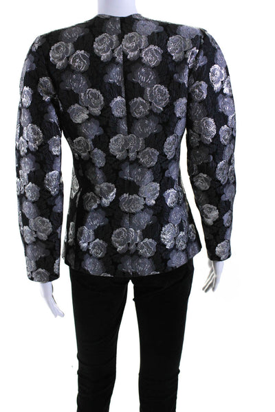 Krizia Womens Long Sleeves Lined Three Button Floral Metallic Jacket Black Size