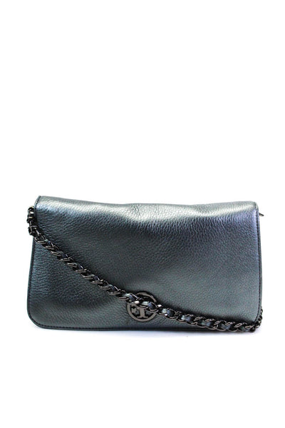 Tory Burch Womens Leather Chain Strap Turn Lock Crossbody Bag Gray Size S