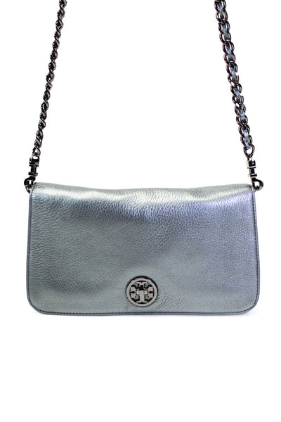 Tory Burch Womens Leather Chain Strap Turn Lock Crossbody Bag Gray Size S