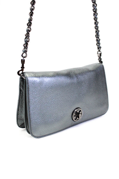 Tory Burch Womens Leather Chain Strap Turn Lock Crossbody Bag Gray Size S