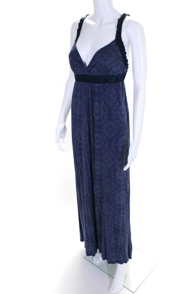 Ella Moss Womens Satin Trim Printed Jersey Midi Empire Waist Dress Blue Small