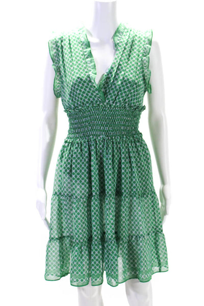 Max Studio Womens Green Printed V-neck Smocked Sleeveless Shift Dress Size S