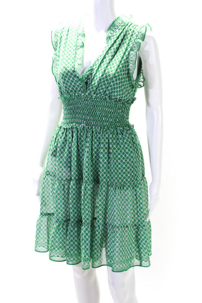 Max Studio Womens Green Printed V-neck Smocked Sleeveless Shift Dress Size S